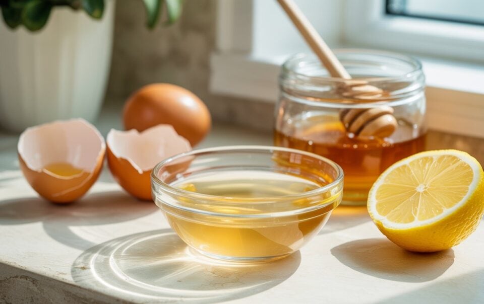 A bowl of liquid, a halved lemon, a jar of honey with a dipper, and cracked eggshells are arranged on a sunlit countertop near a window.