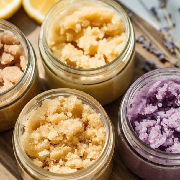 Four jars of colorful sugar scrubs—two beige, one yellow, and one purple—sit on a wooden board with lemon slices, lavender sprigs, and a vanilla bean nearby. The scrubs have a coarse, grainy texture.