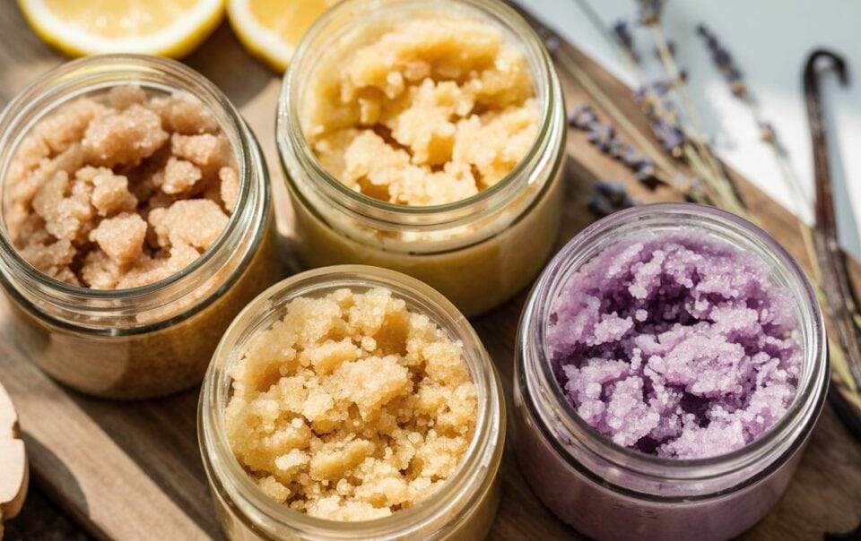 Four jars of colorful sugar scrubs—two beige, one yellow, and one purple—sit on a wooden board with lemon slices, lavender sprigs, and a vanilla bean nearby. The scrubs have a coarse, grainy texture.