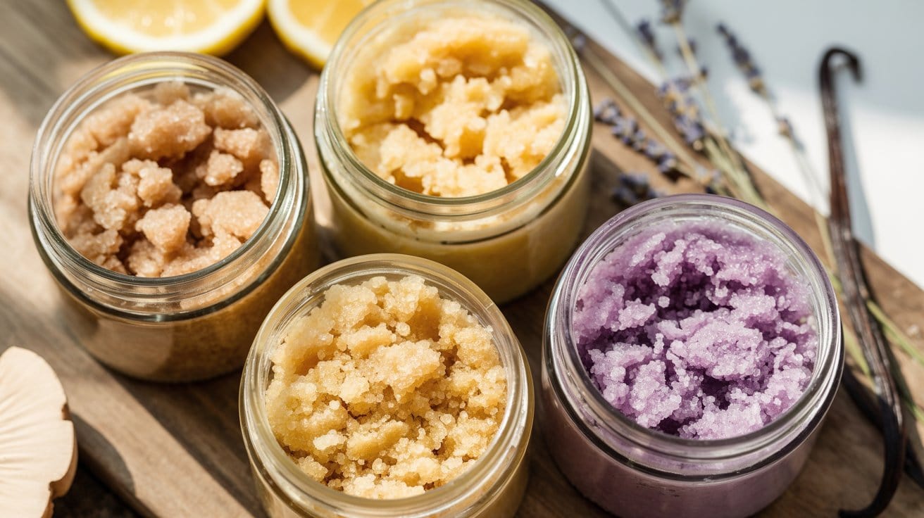 Four jars of colorful sugar scrubs—two beige, one yellow, and one purple—sit on a wooden board with lemon slices, lavender sprigs, and a vanilla bean nearby. The scrubs have a coarse, grainy texture.
