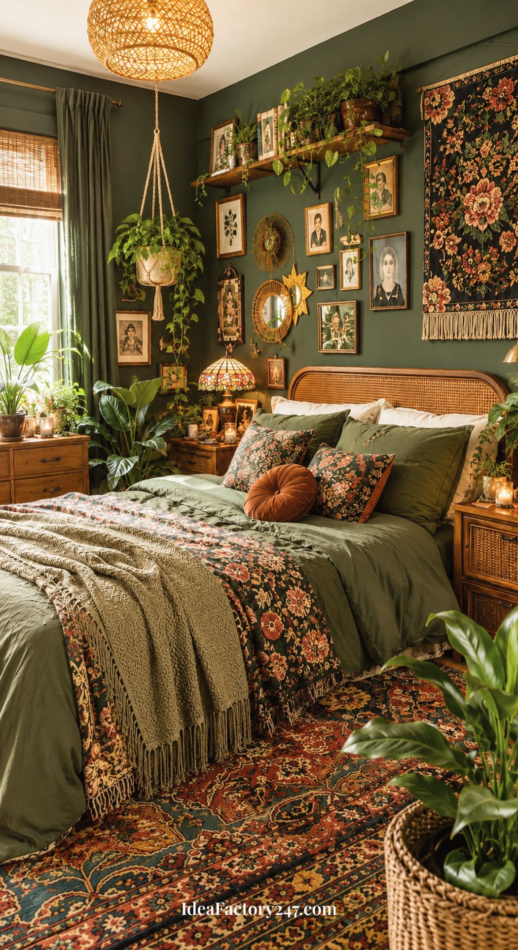 A cozy bedroom with green walls, floral bedding, vintage decor, indoor plants, woven lamps, framed art, and a patterned rug creates a warm, bohemian vibe—perfect inspiration for those seeking unique green bedroom ideas.