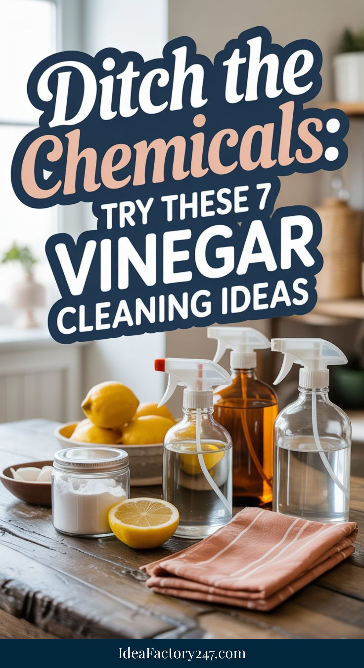 Bottles of vinegar, lemons, and cleaning cloths on a kitchen counter with text: Ditch the Chemicals: Try These 7 Vinegar Cleaning Ideas.