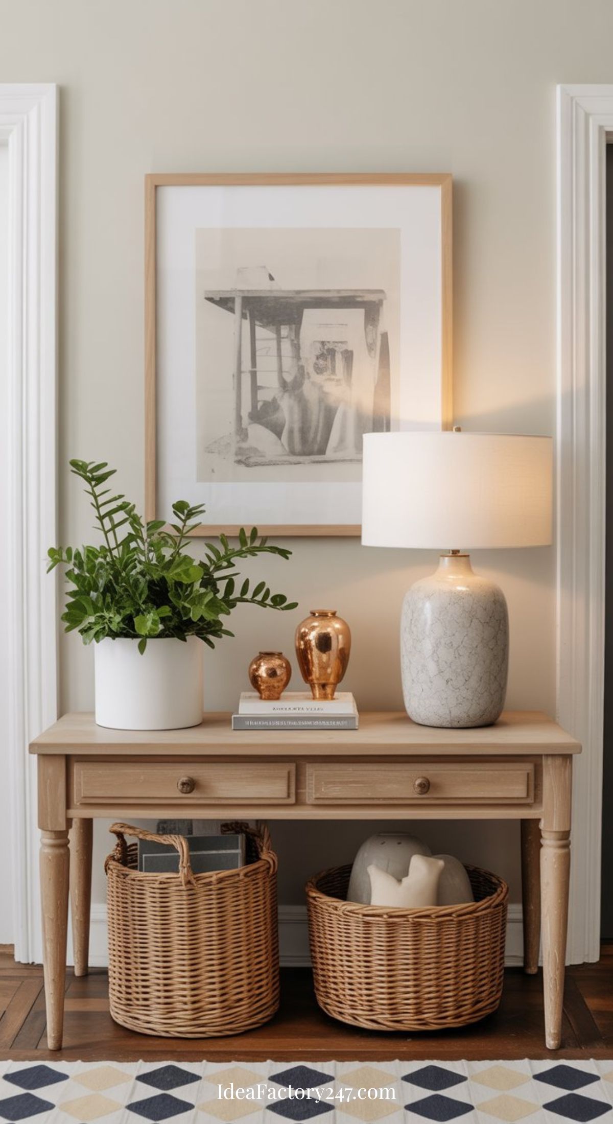 A wooden console table with two wicker baskets underneath, topped with a potted plant, two small decorative vases, and a marble-textured lamp. A framed black-and-white photo hangs on the wall above.