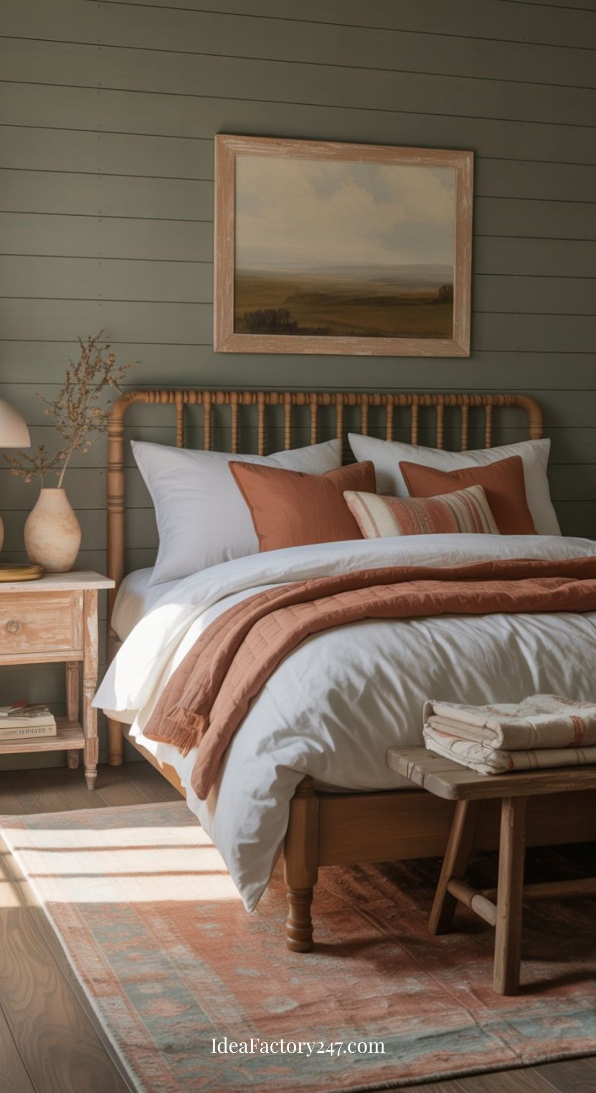 A cozy bedroom with a wooden bed frame, white and rust-colored bedding, a matching rug, a nightstand with a lamp and vase, a small bench at the foot of the bed, and a landscape painting on the paneled wall.