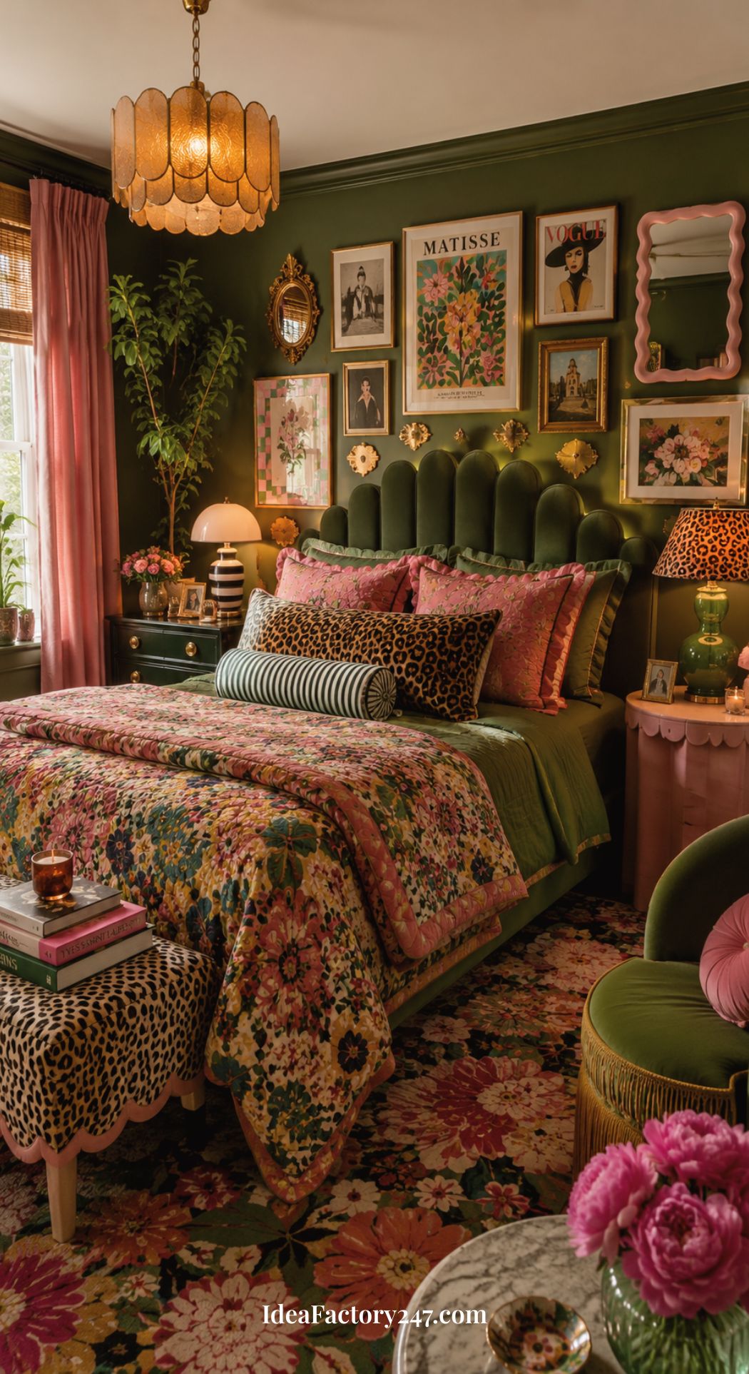 A cozy bedroom with dark green walls, floral bedding, velvet headboard, eclectic art, vintage lamps, and lush plants showcases inspiring green bedroom ideas while creating a vibrant, maximalist style. Warm light fills the colorful, inviting space.