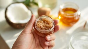 A hand holds a small jar of brown sugar scrub, with a halved coconut and jars of honey and oil blurred in the background on a white surface.