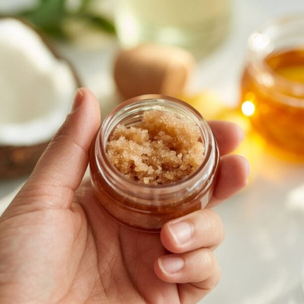 A hand holds a small jar of brown sugar scrub, with a halved coconut and jars of honey and oil blurred in the background on a white surface.