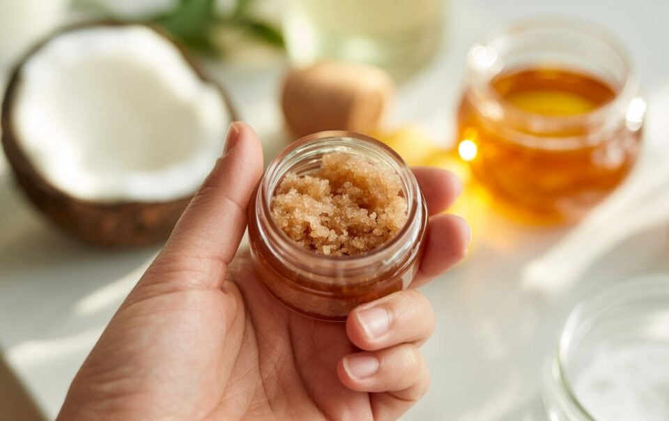 A hand holds a small jar of brown sugar scrub, with a halved coconut and jars of honey and oil blurred in the background on a white surface.
