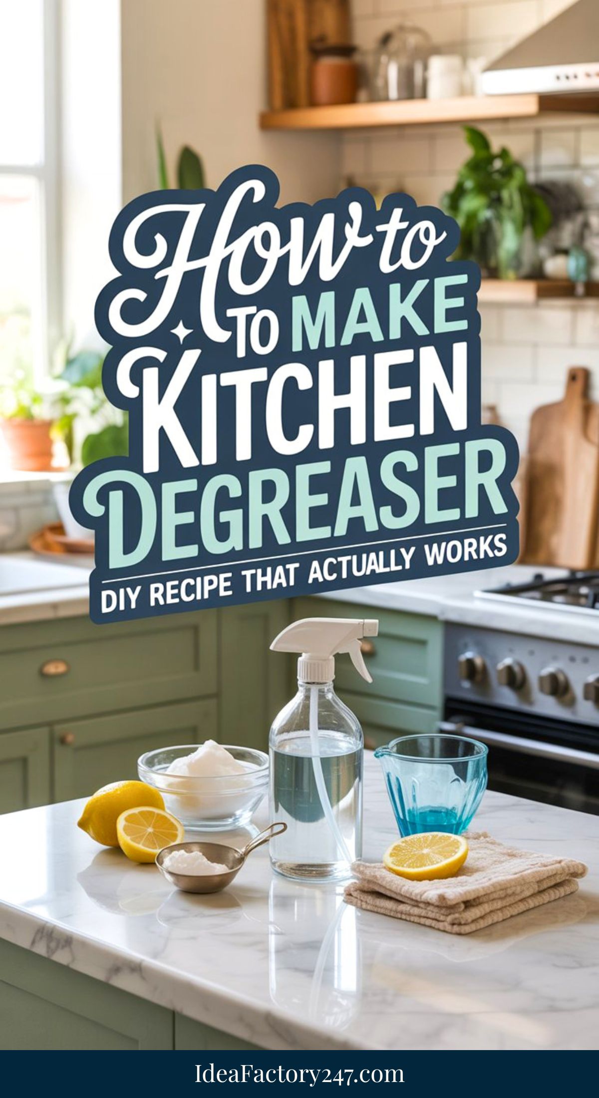 A clean kitchen with green cabinets features a countertop displaying lemons, a bowl of white powder, and more. Overlaid text reads: How to make a DIY kitchen degreaser that actually works—try this easy homemade recipe.