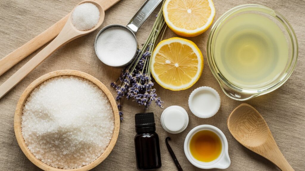 Flat lay of natural ingredients on a beige cloth, including sugar, lemon halves, a bowl of liquid, a brown bottle, lavender sprigs, small containers of oils, and wooden spoons.