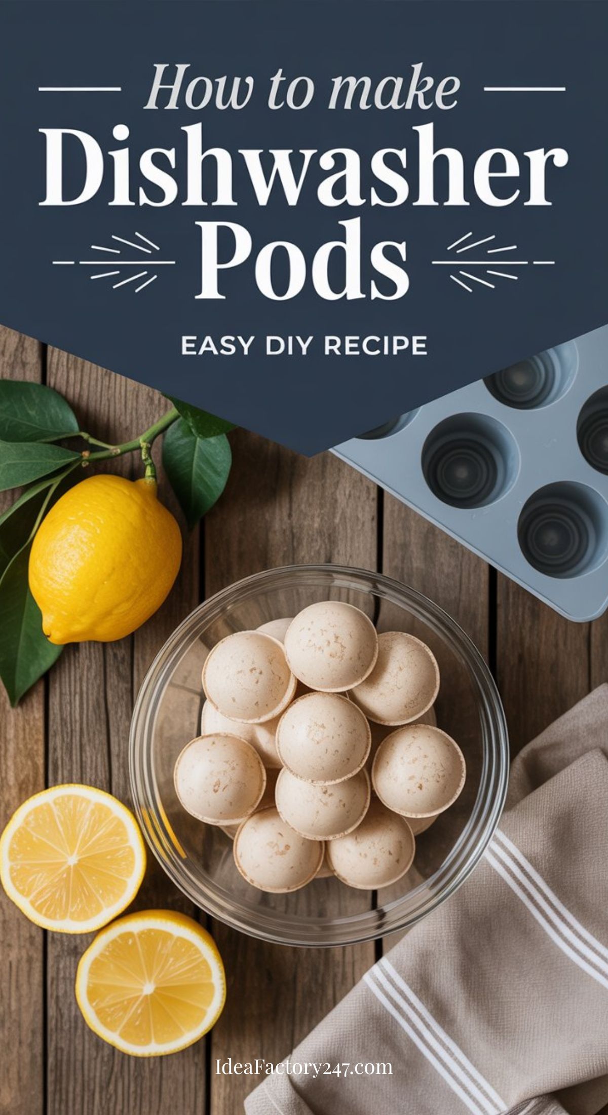 A bowl of homemade dishwasher pods on a wooden surface next to a lemon, lemon halves, a gray silicone mold, and a striped kitchen towel. Text reads, “How to make Dishwasher Pods – Easy DIY Recipe.”.