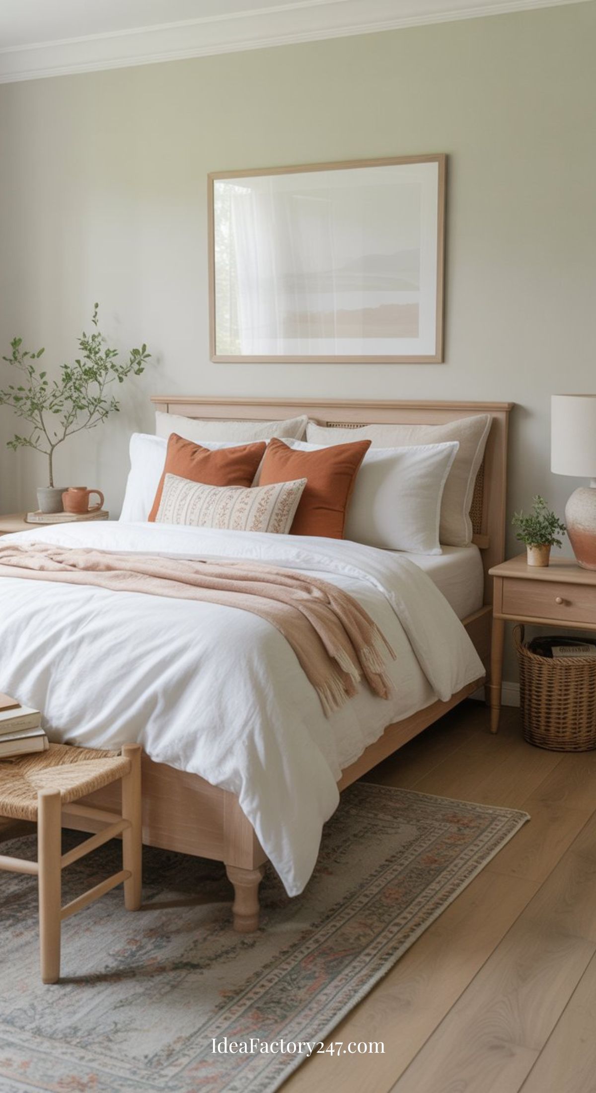 A cozy bedroom with a wooden bed frame, white bedding, rust-colored and beige accent pillows, a soft throw, a nightstand with a lamp, potted plants, wall art, and a woven bench on a patterned rug.