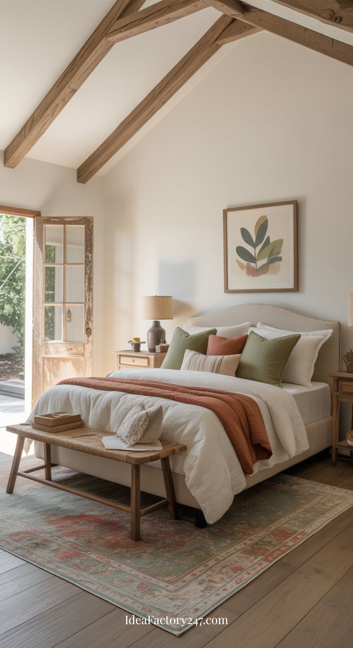 A cozy bedroom with a bed layered in white, green, and rust-colored pillows and blankets, wooden nightstands, a bench, exposed wood ceiling beams, an open door to a sunny patio, and a large leaf artwork above the bed.