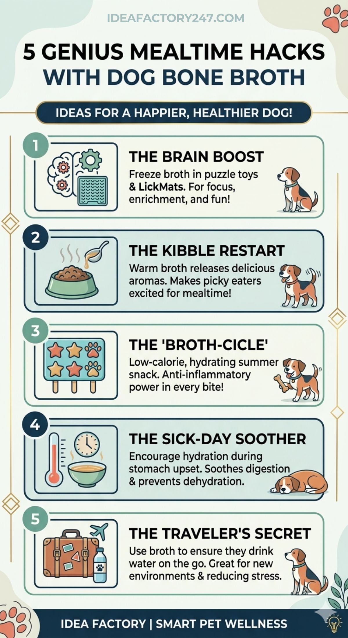 Infographic titled 5 Genius Mealtime Hacks with Bone Broth for Dogs, featuring cartoon pups and highlighting enrichment, hydration, health, and travel benefits—all using bone broth to help your dog thrive.