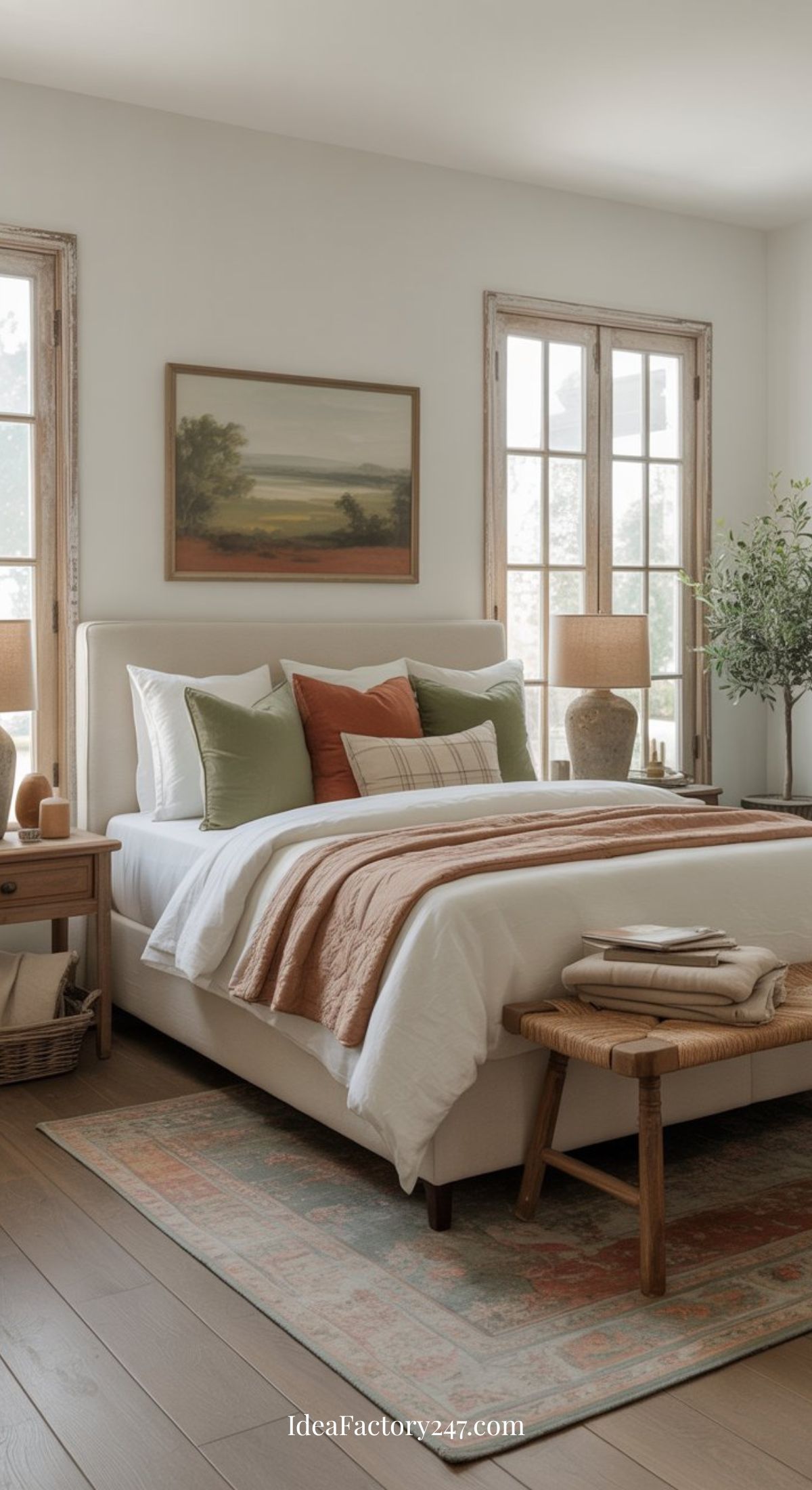 A cozy bedroom with a neatly made bed featuring white, green, and rust-colored pillows and throws. There are wooden nightstands, a wooden bench, large windows, a potted plant, and a landscape painting on the wall.