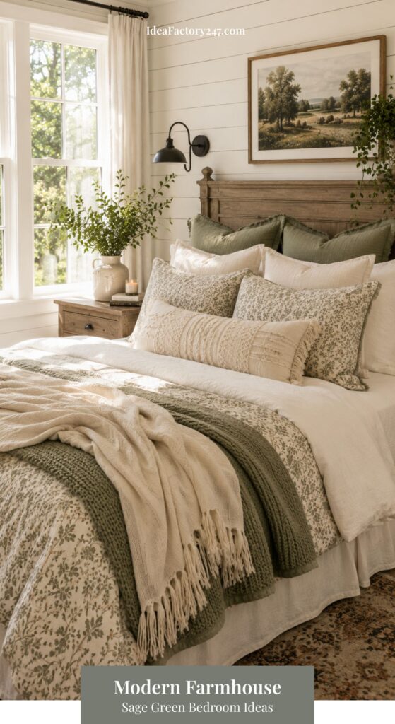 Cozy modern farmhouse sage green bedroom featuring cream bedding, floral pillows, a knit blanket, and a wooden headboard. A nightstand with a vase sits beside a large window, while framed landscape art adorns the white shiplap walls.