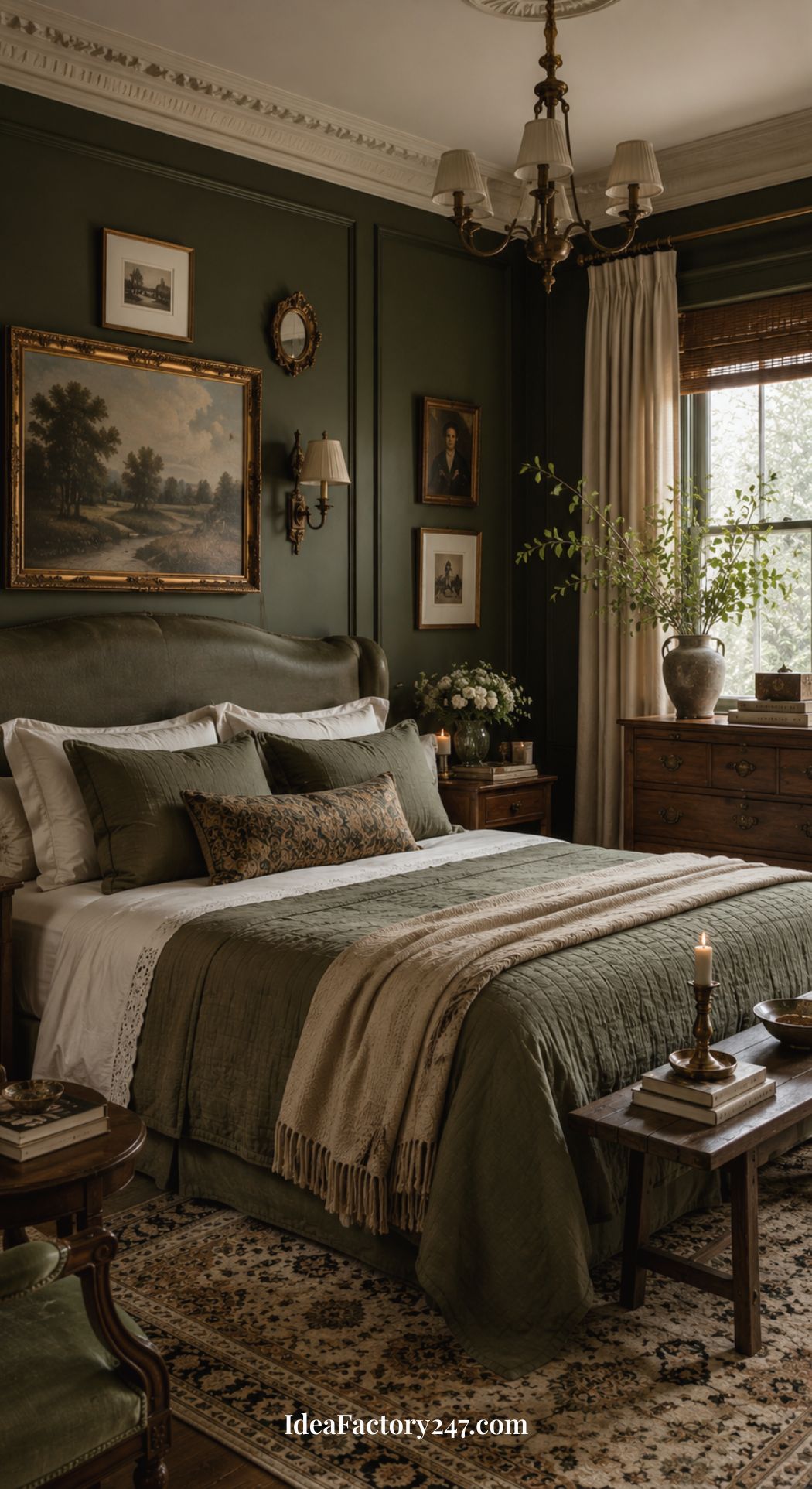 A cozy, vintage bedroom with dark green walls, framed art, a wooden bed with green linens, a rug, plants, candles, and natural light from a window showcases inspiring green bedroom ideas. Antique furniture and decor add a classic touch.