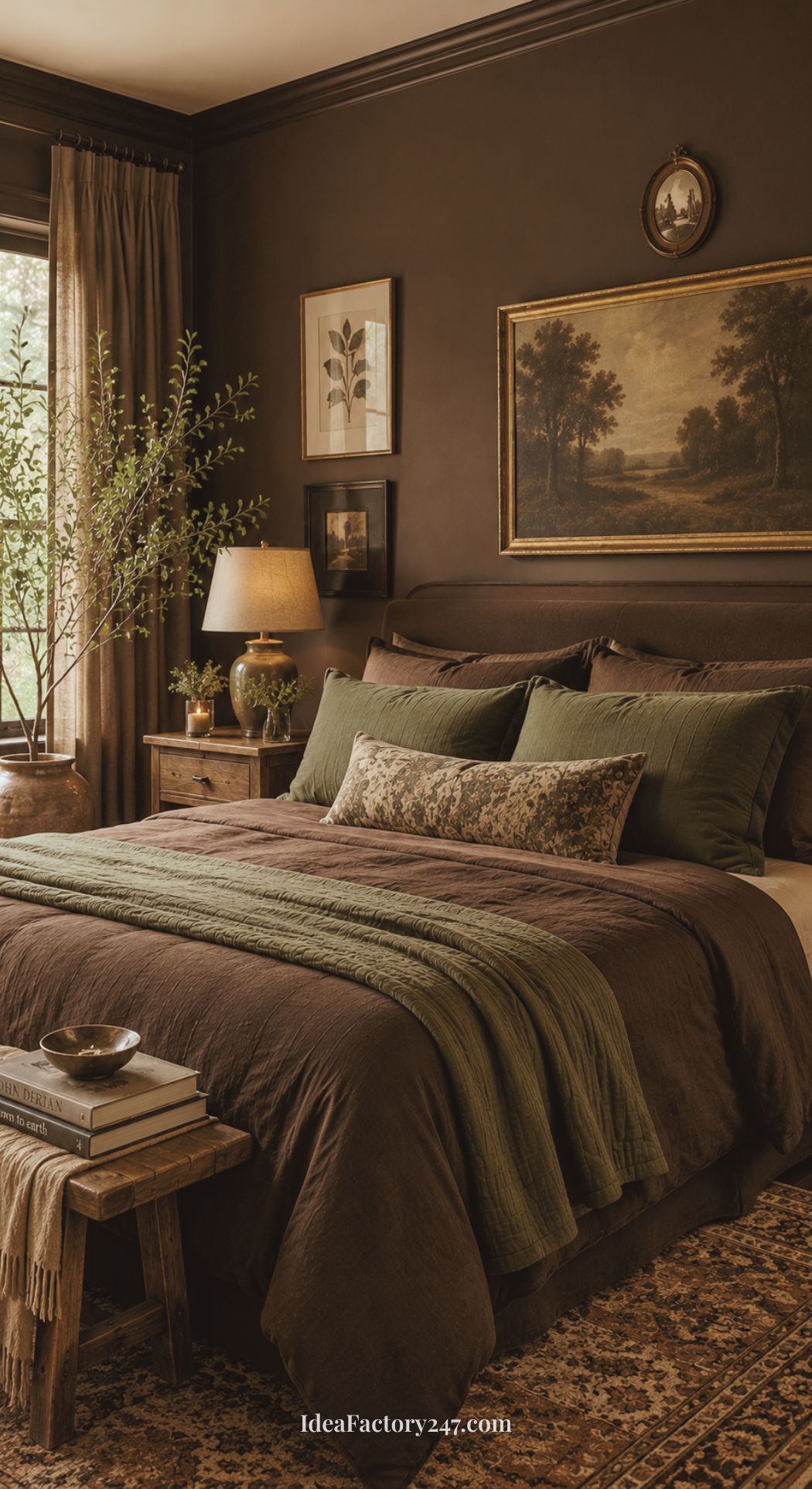 A cozy bedroom with dark brown walls, green and brown bedding, rustic furniture, a large window with plants, framed art on the walls, and warm lamp lighting—perfect for those seeking green bedroom ideas. A book and bowl rest on a small stool by the bed.