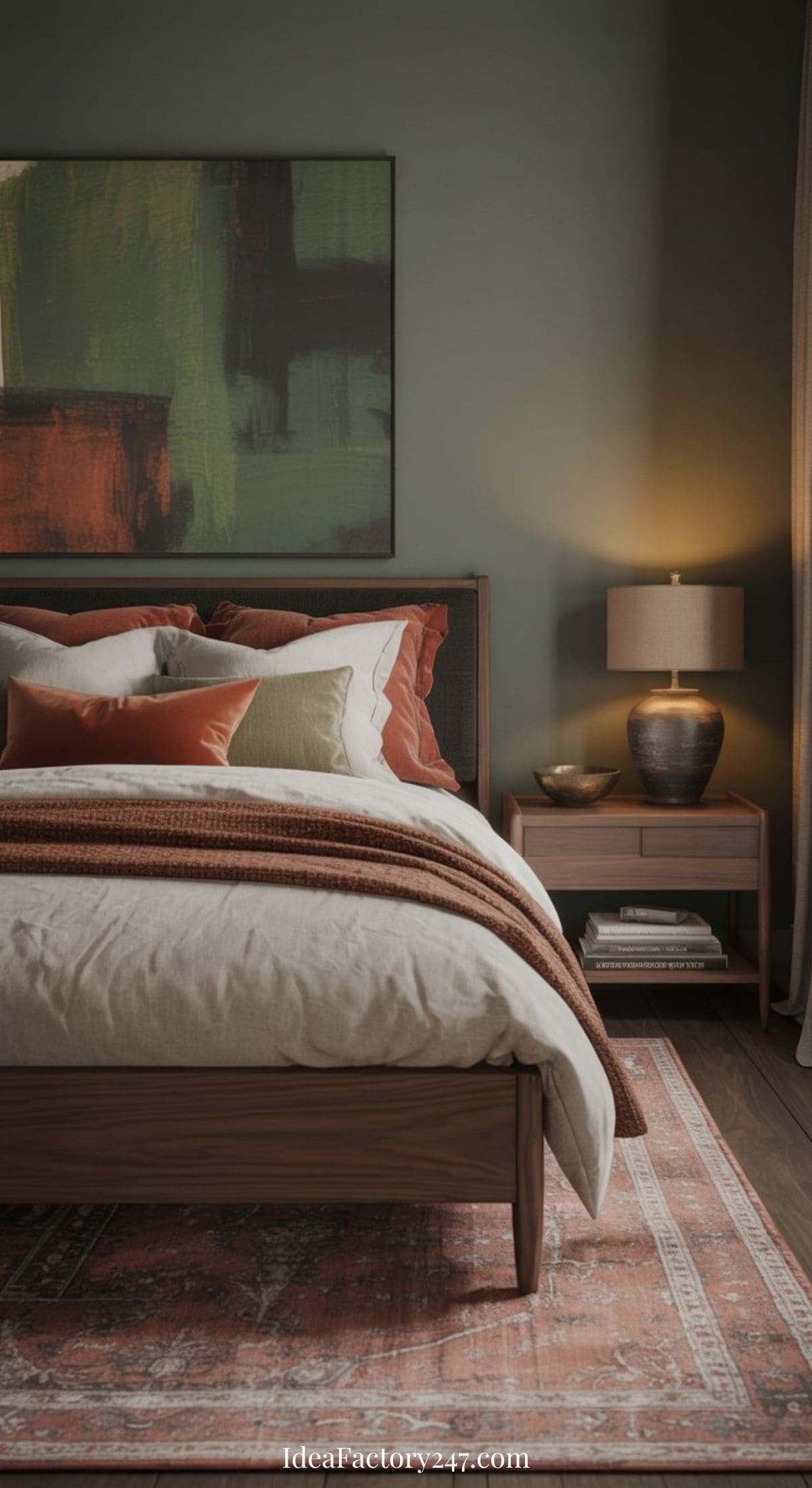 A cozy bedroom with a neatly made bed featuring earth-toned bedding, decorative pillows, a wooden nightstand with a lamp, a bowl, and a large abstract painting on a green wall above the bed.