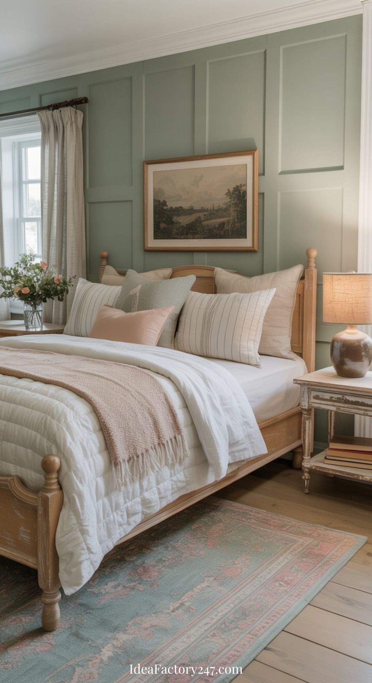 A cozy bedroom with a wooden bed, white bedding, pastel pillows, and a blush throw blanket. A vintage rug, elegant nightstand with a lamp, flowers, and framed art decorate the room with soft green paneled walls.