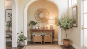 A bright entryway features a wooden console table with decor, a round sunburst mirror, potted plants, two baskets underneath, and a beige rug, all beneath an arched doorway with soft natural light.