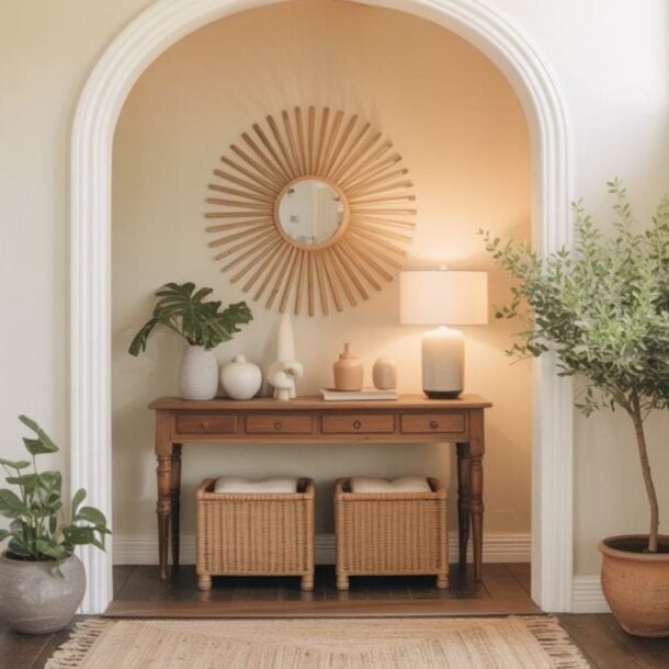 A bright entryway features a wooden console table with decor, a round sunburst mirror, potted plants, two baskets underneath, and a beige rug, all beneath an arched doorway with soft natural light.