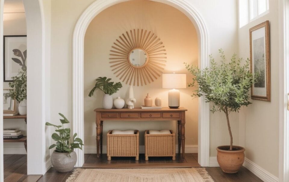 A bright entryway features a wooden console table with decor, a round sunburst mirror, potted plants, two baskets underneath, and a beige rug, all beneath an arched doorway with soft natural light.
