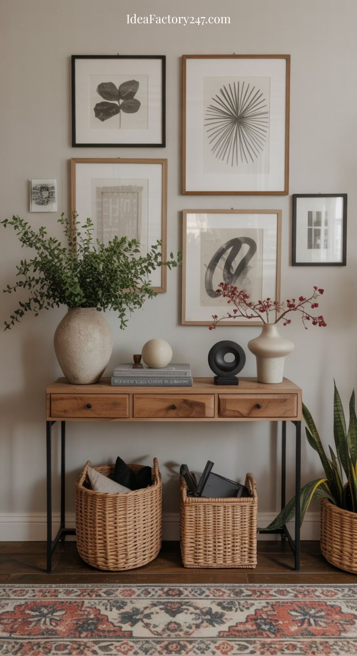 A wooden console table with drawers holds vases, books, and decor. Two woven baskets sit below. The wall behind displays a gallery of framed minimalist art. A patterned rug and potted plants complete the cozy scene.