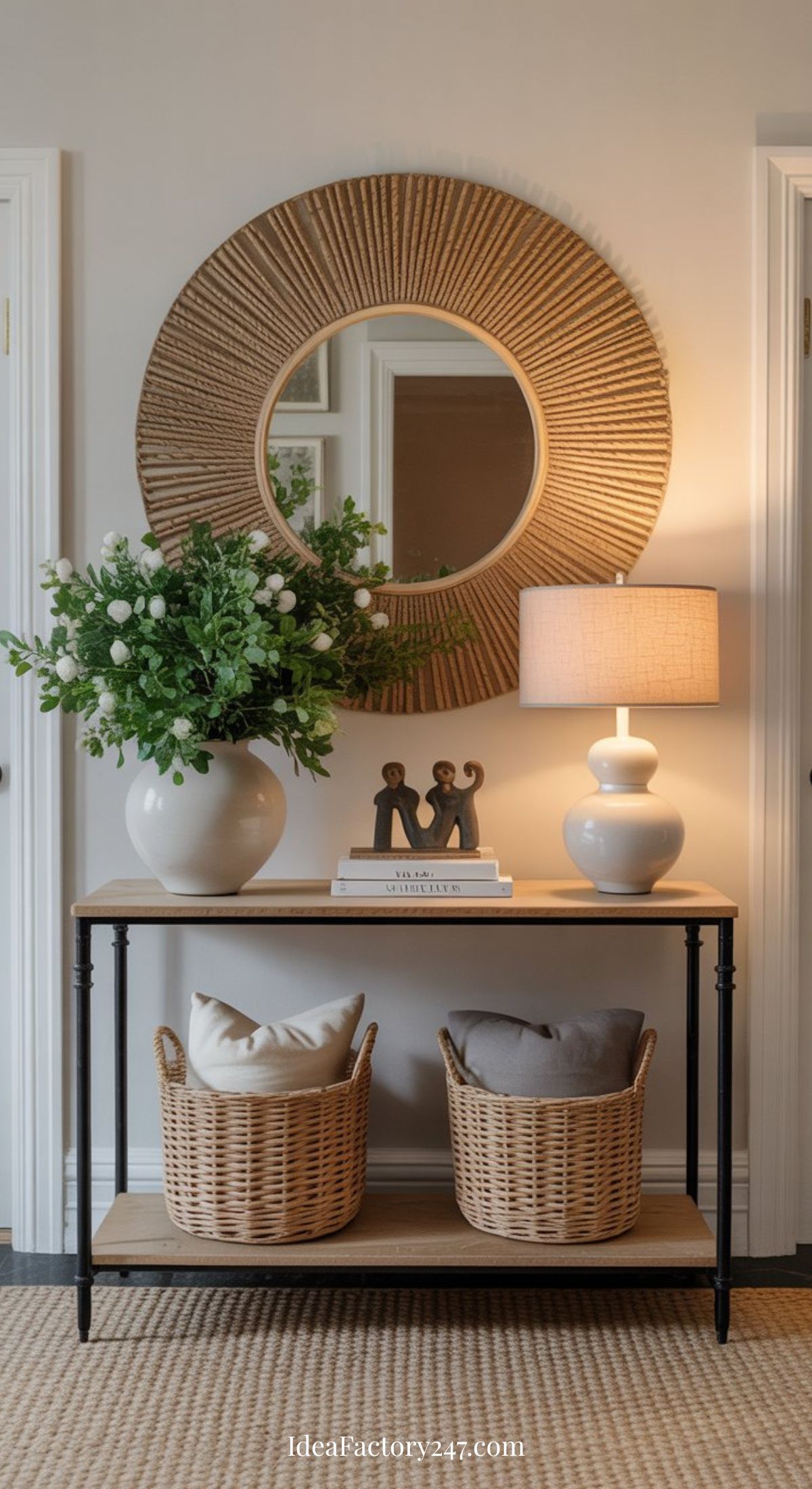 A console table with a round wicker mirror above it, a vase of greenery, a lamp, books, a small sculpture, and two wicker baskets with pillows underneath, all in a cozy, well-lit hallway.