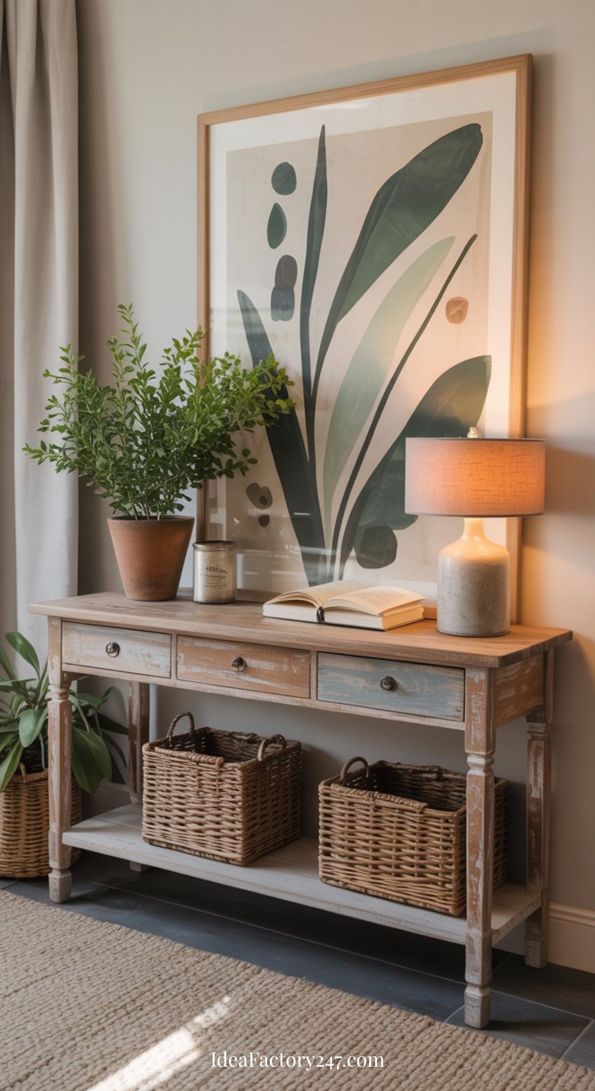 A rustic wooden console table with two woven baskets underneath, a potted plant, books, and a lamp on top. A large botanical print hangs on the wall behind the table.