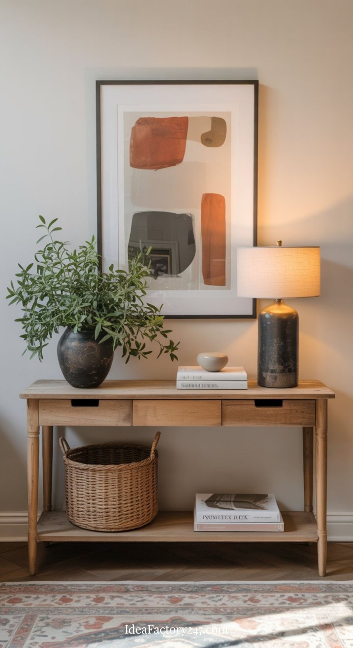 A wooden console table holds a potted plant, a stack of books, a bowl, and a lamp with a beige shade. A framed abstract art piece hangs above, and a wicker basket sits on the lower shelf.