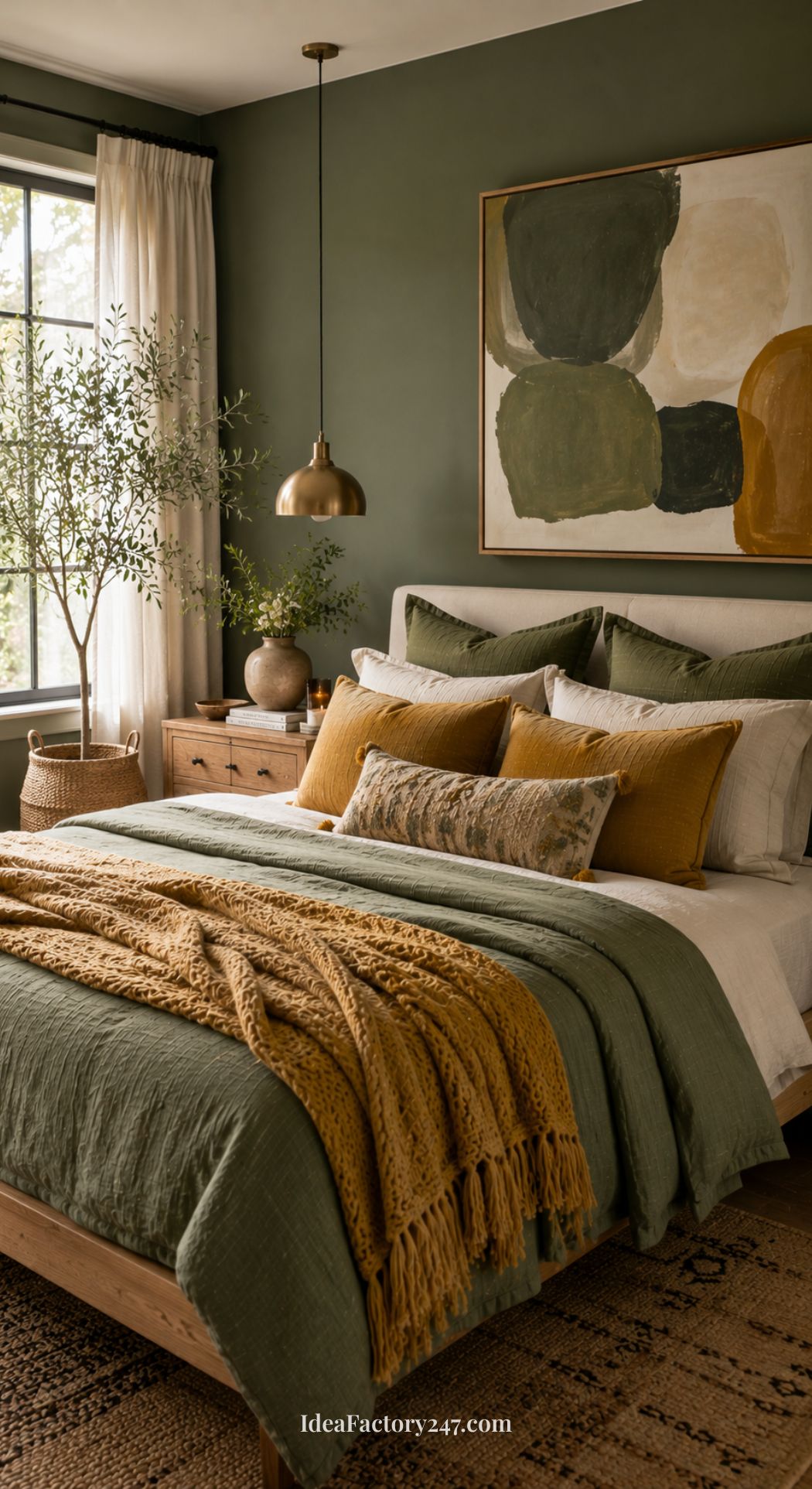 Cozy bedroom with green walls, a modern abstract painting, a bed with green and mustard bedding, wooden furniture, a potted plant, and soft natural light from a large window—perfect inspiration for those seeking stylish green bedroom ideas.