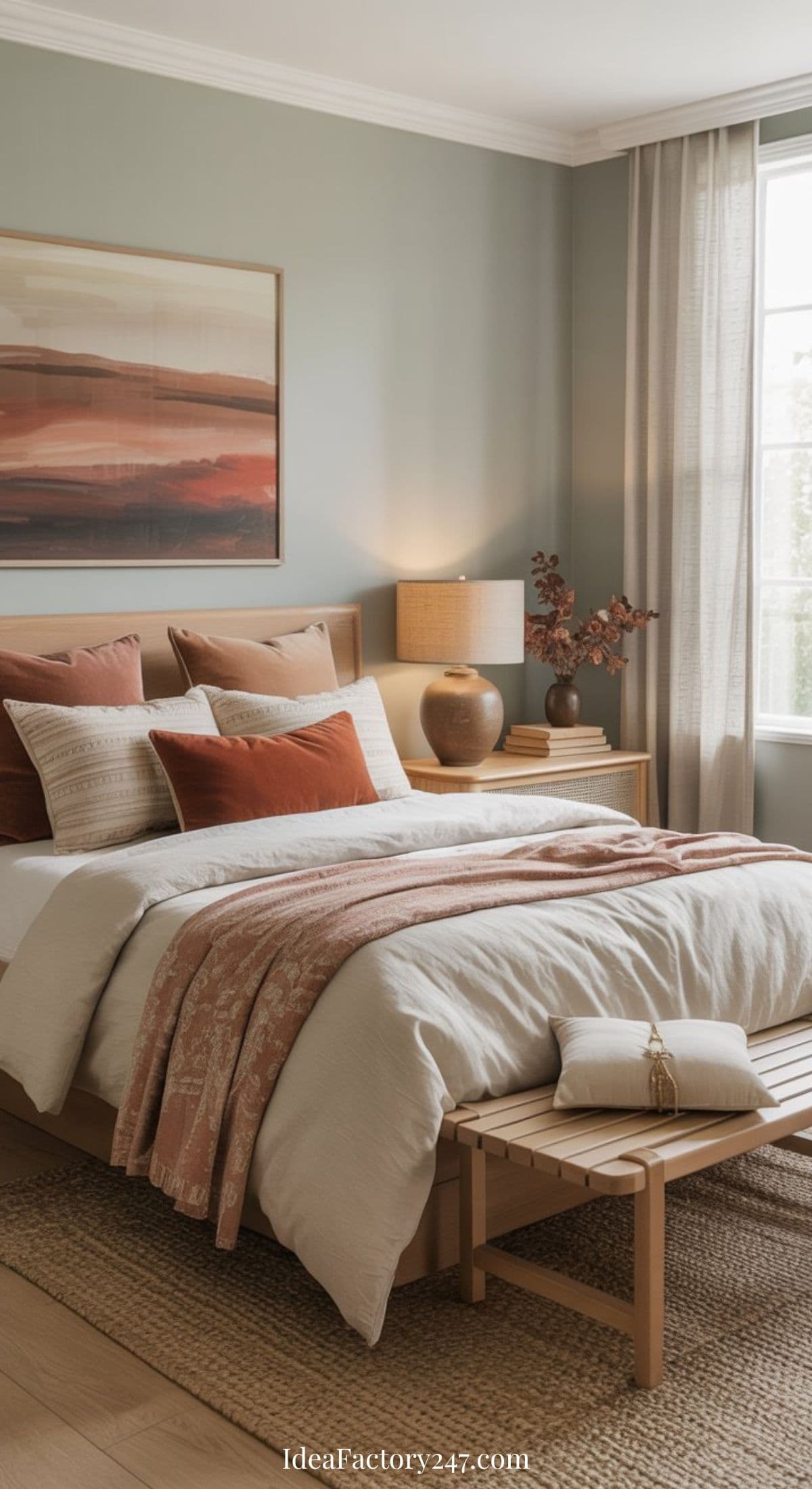 A cozy bedroom with a neatly made bed featuring rust, beige, and white pillows and blankets, a wooden bench at the foot, a bedside table with a lamp and vase, and large window with sheer curtains letting in natural light.
