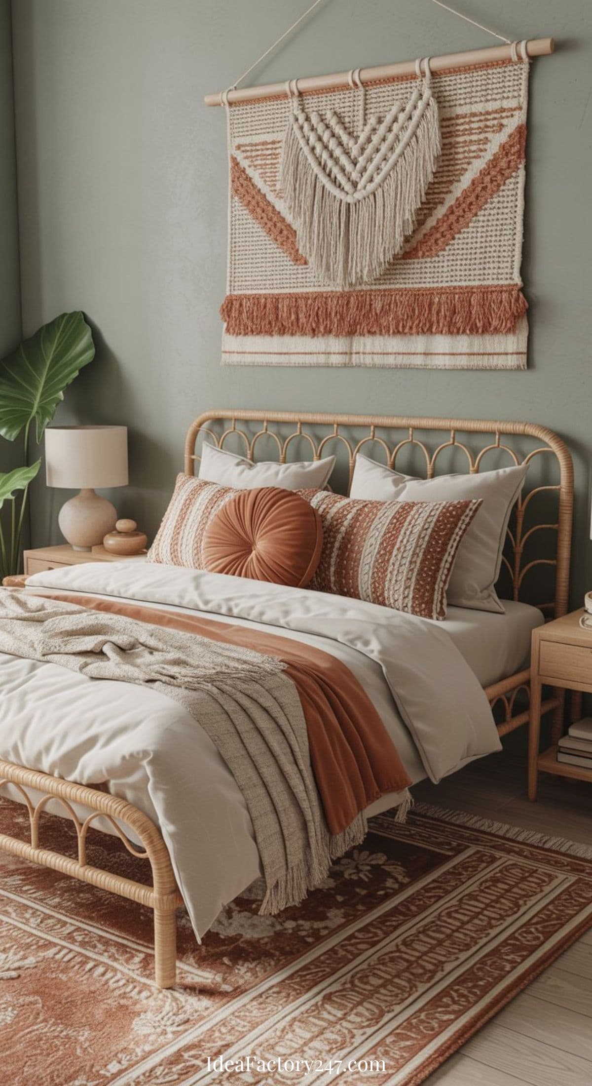 A cozy bedroom with a rattan bed, earthy-toned bedding, and decorative pillows. A large woven wall hanging and green plants add a boho touch. A brown patterned rug covers the floor beside a light wooden nightstand.
