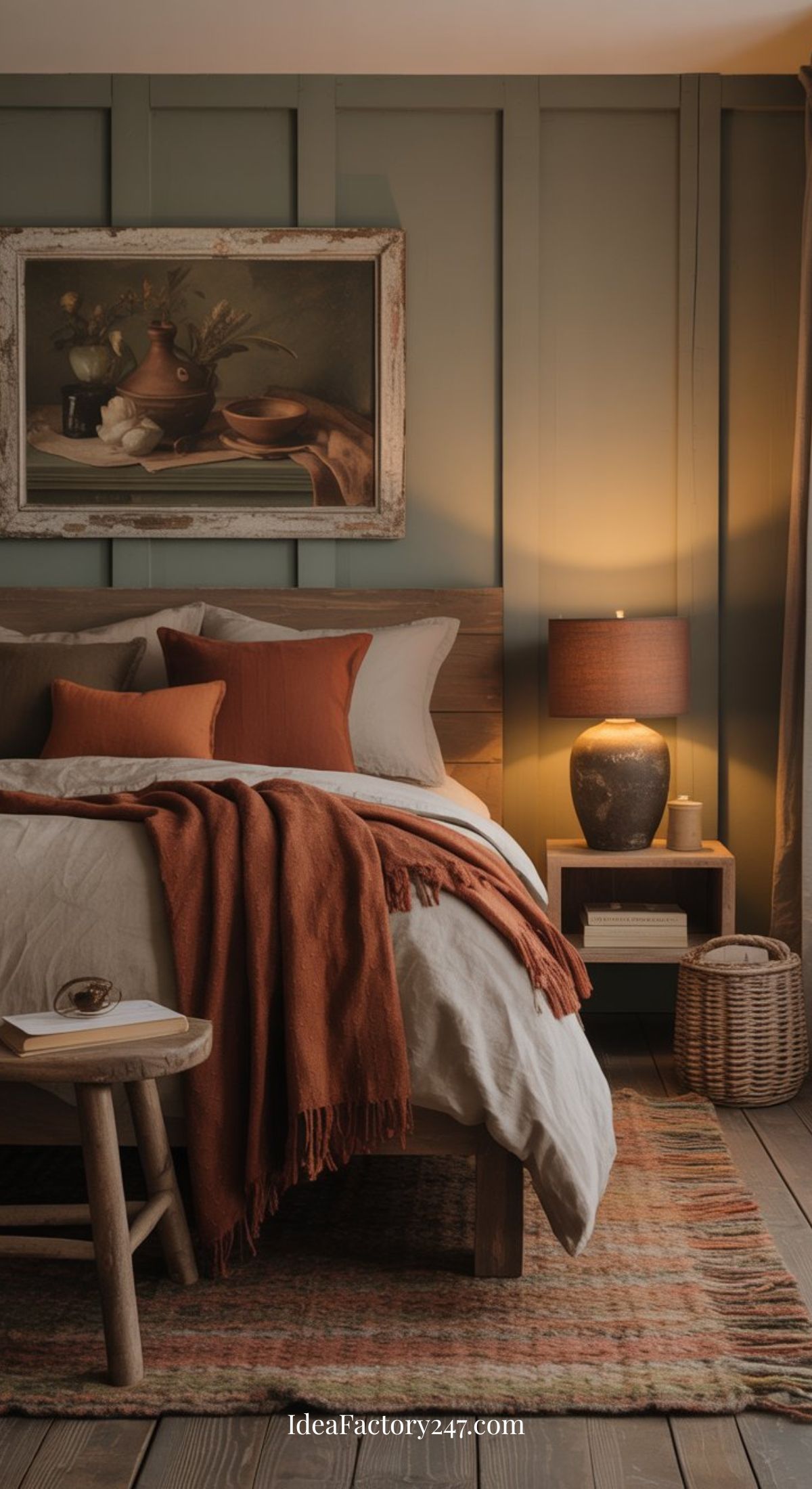 A cozy bedroom with a wooden bed, beige and rust-colored bedding, a matching throw blanket, a bedside table with a lamp, a woven basket, and a rustic painting on the sage green paneled wall.