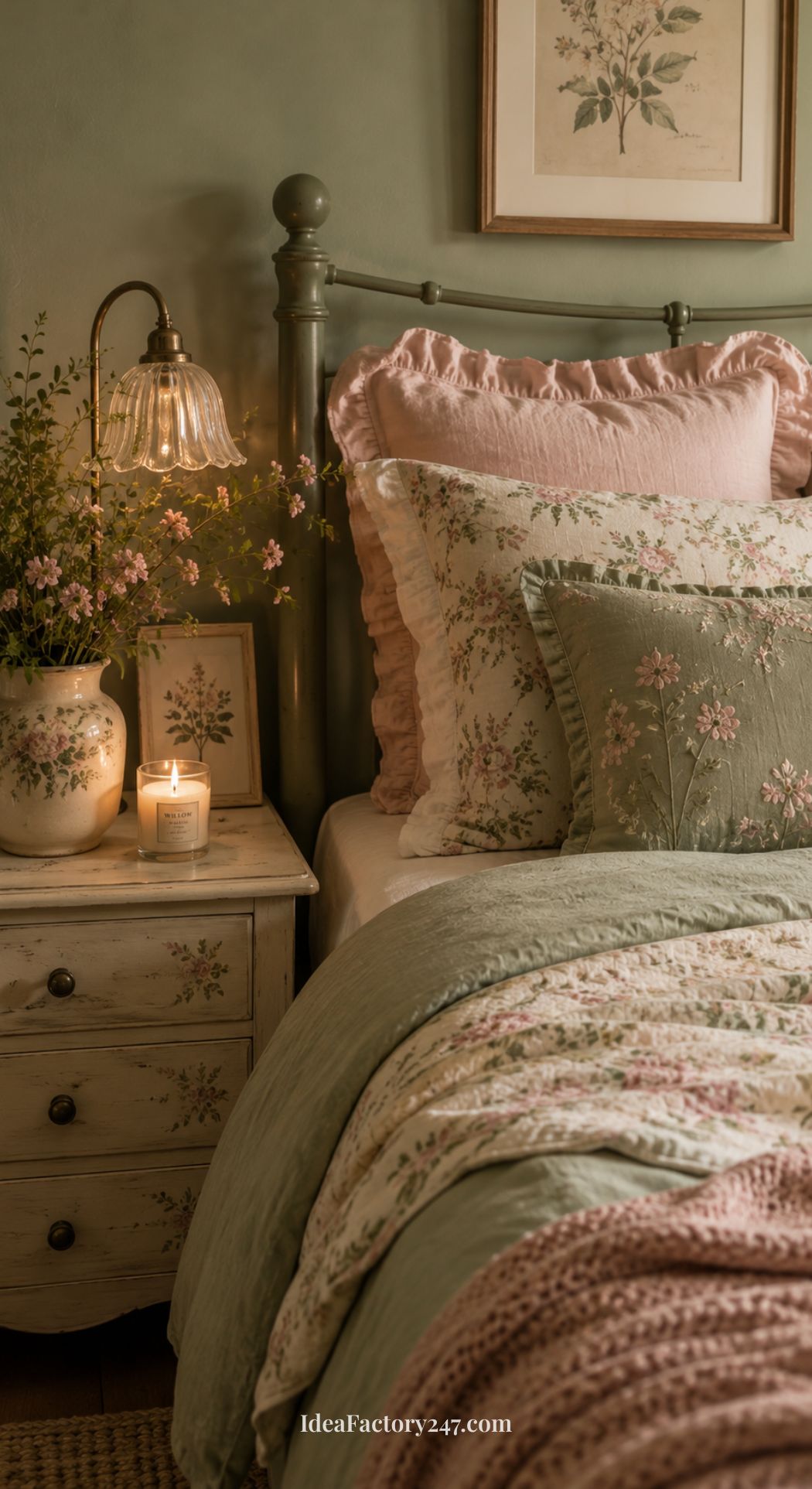 Cozy bedroom with a green and pink floral comforter, matching pillows, a small white nightstand, a lit candle, a floral vase, and a vintage lamp. Botanical wall art hangs above the bed, offering inspiring green bedroom ideas for a fresh and inviting space.