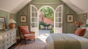 A cozy bedroom with sage green walls features a bed, armchair, dresser, and decor. Double French doors open to a patio with garden chairs and lush greenery, letting sunlight fill the serene space.