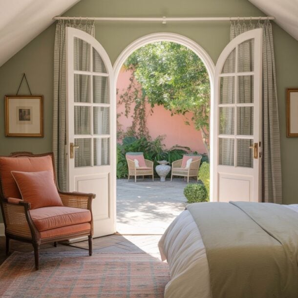 A cozy bedroom with sage green walls features a bed, armchair, dresser, and decor. Double French doors open to a patio with garden chairs and lush greenery, letting sunlight fill the serene space.