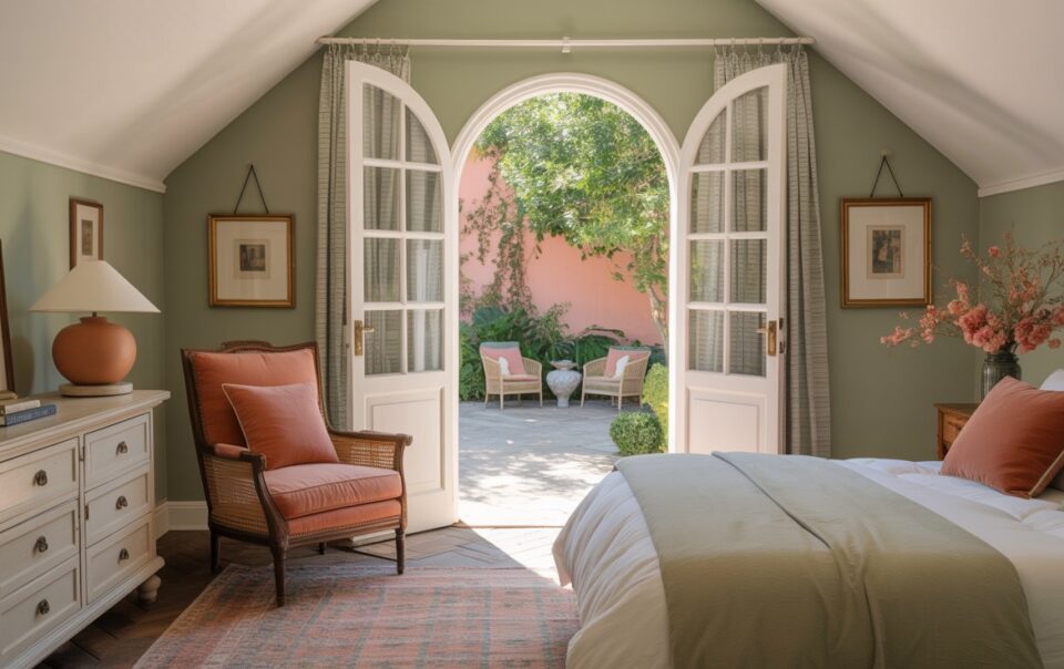A cozy bedroom with sage green walls features a bed, armchair, dresser, and decor. Double French doors open to a patio with garden chairs and lush greenery, letting sunlight fill the serene space.