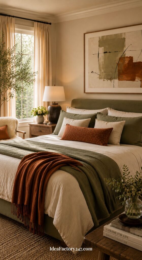 A cozy bedroom with an earthy color palette, this space showcases green bedroom ideas with a neatly made bed in green and rust bedding, a wooden nightstand, a lamp, potted plants, and abstract art on the wall. Sunlight streams in through a window.