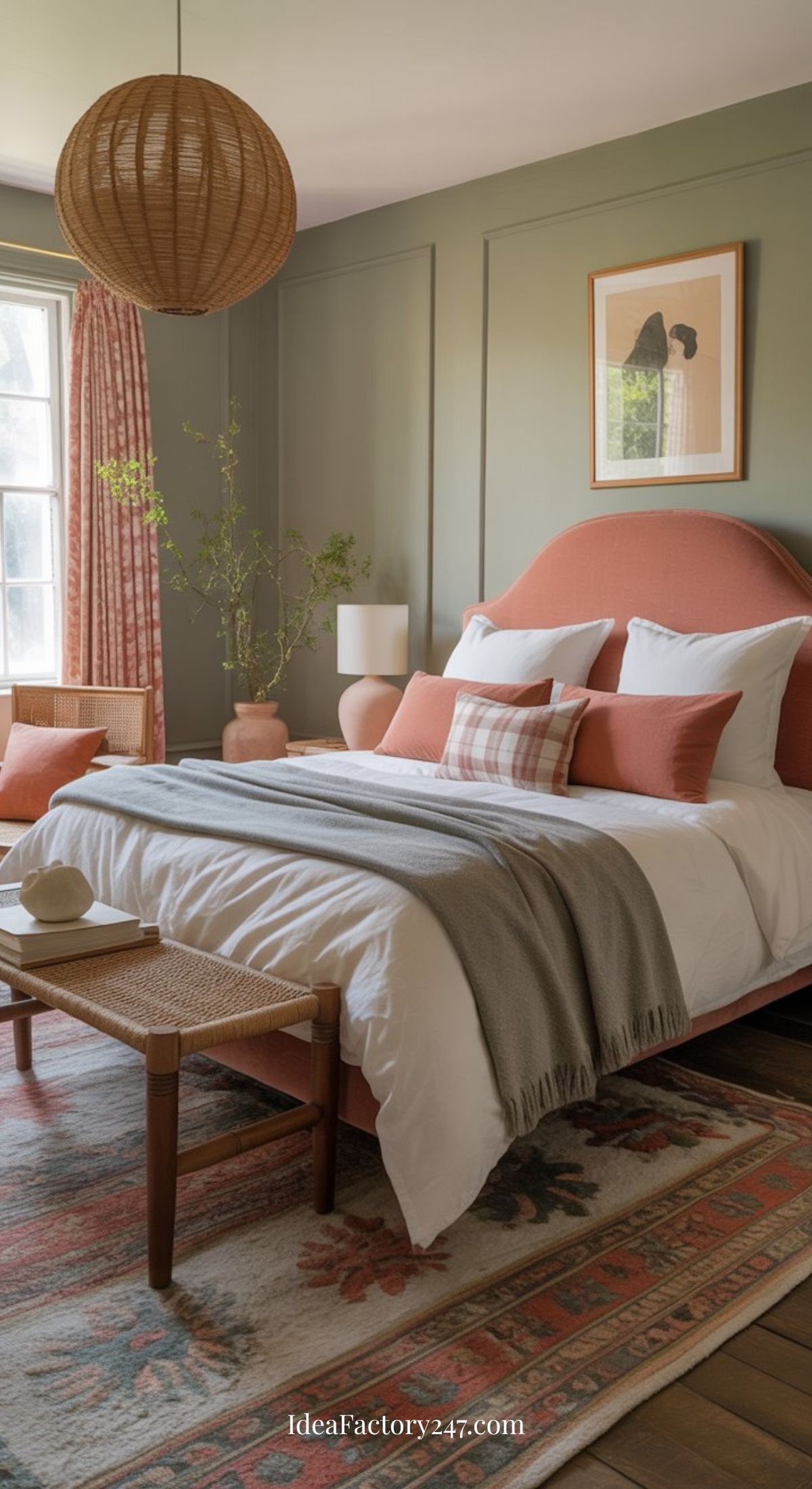 A cozy bedroom with sage green walls, a large pink upholstered headboard, white bedding with pink and gray accents, a woven bench, a round rattan pendant lamp, and sunlight streaming through a window with pink curtains.