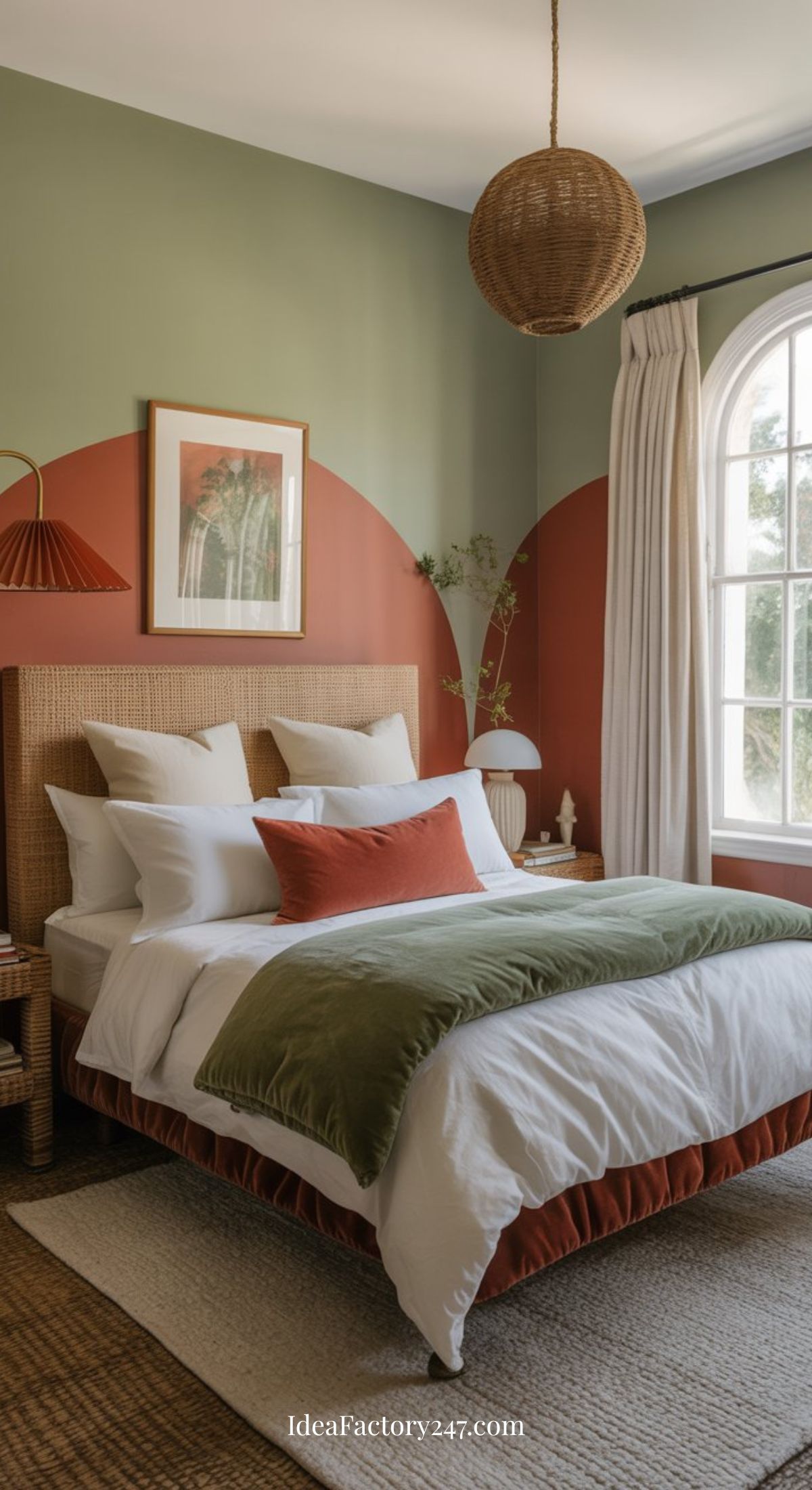 A cozy bedroom with earth-toned decor, featuring a green and terracotta color-blocked wall, a rattan bed frame, white bedding with green and rust-colored accents, and a woven pendant light by a large window with curtains.