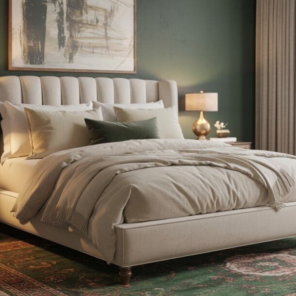 A cozy bedroom showcases green bedroom ideas with a large upholstered bed, cream bedding, matching nightstands and gold lamps, a green accent wall, window with curtains, green sofa, and a patterned rug on a wood floor.