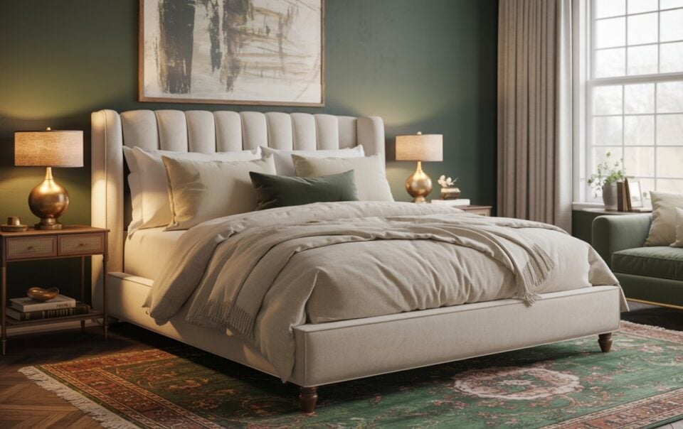 A cozy bedroom showcases green bedroom ideas with a large upholstered bed, cream bedding, matching nightstands and gold lamps, a green accent wall, window with curtains, green sofa, and a patterned rug on a wood floor.