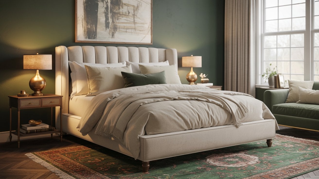 A cozy bedroom showcases green bedroom ideas with a large upholstered bed, cream bedding, matching nightstands and gold lamps, a green accent wall, window with curtains, green sofa, and a patterned rug on a wood floor.