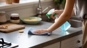 A person cleaning a kitchen counter with a blue cloth and a spray bottle. Cookie crumbs, a cookie, and a cutting board with baked goods are visible on the countertop.