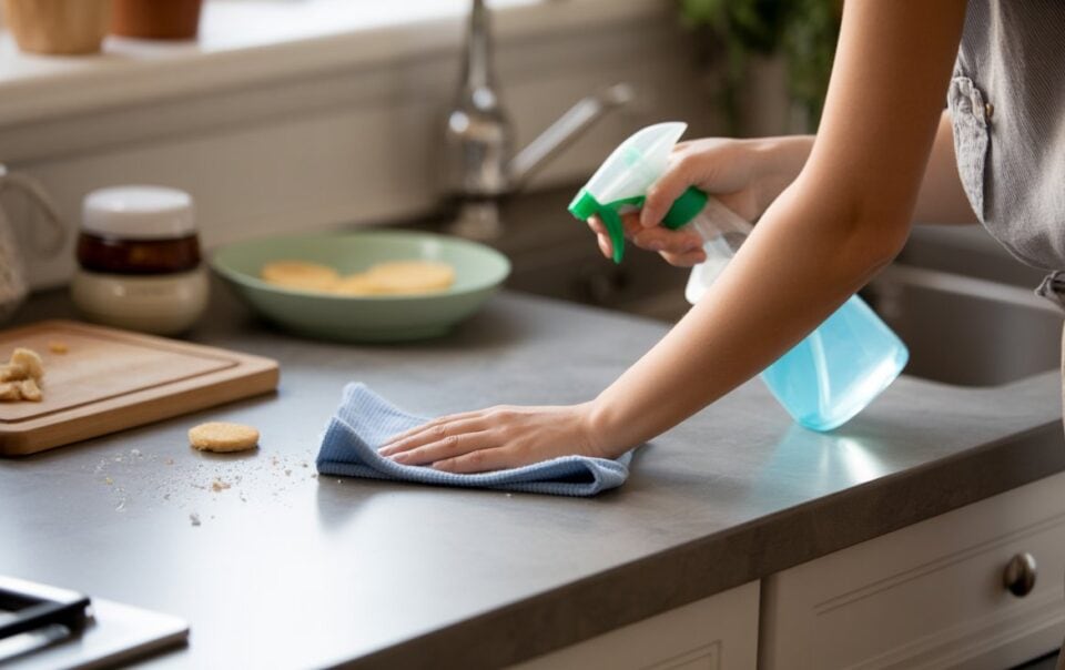 A person cleaning a kitchen counter with a blue cloth and a spray bottle. Cookie crumbs, a cookie, and a cutting board with baked goods are visible on the countertop.