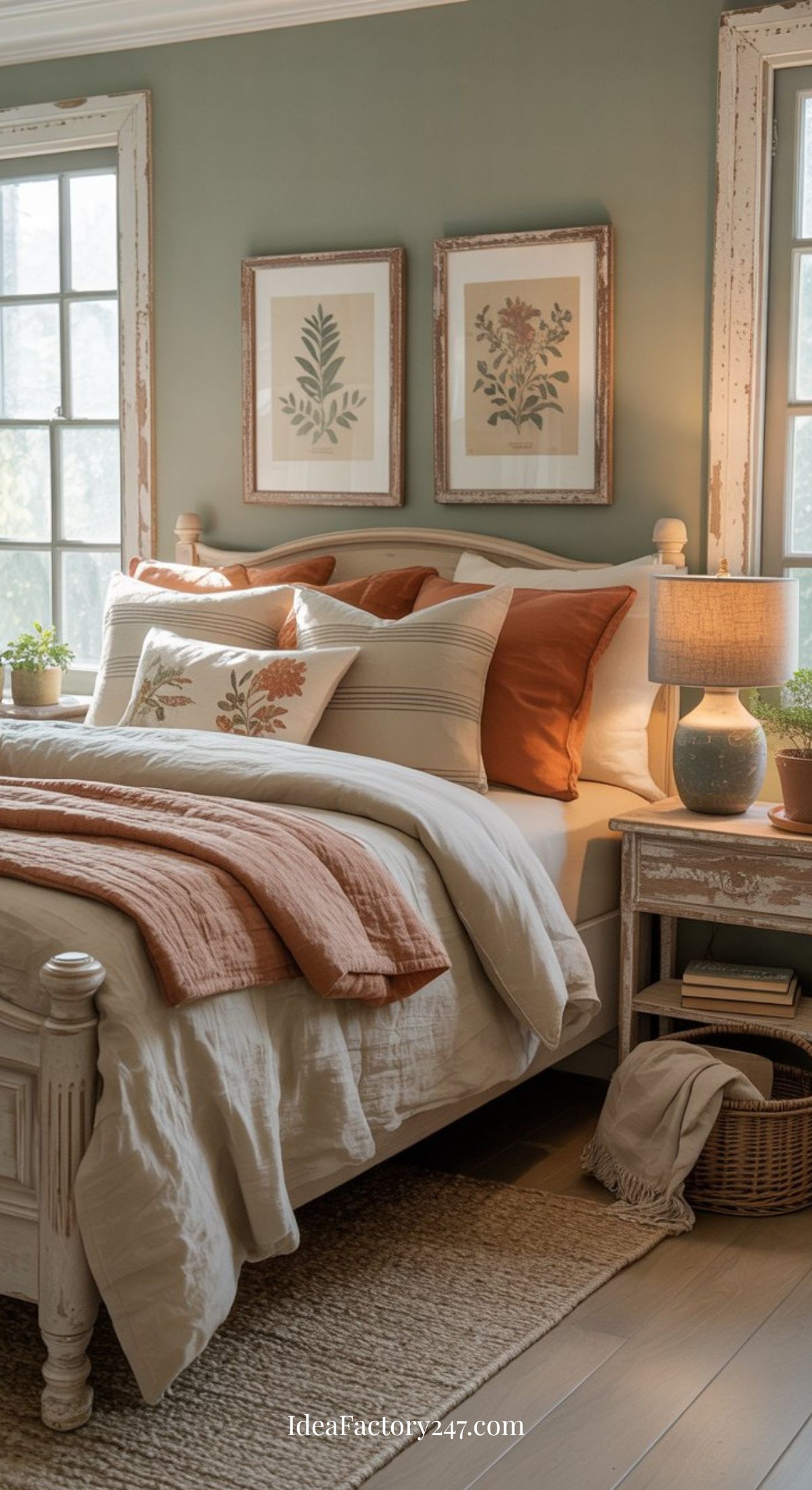 A cozy bedroom with a white wooden bed, rust and cream bedding, floral pillows, a rustic nightstand with a lamp, houseplants, and botanical prints on a sage green wall between two windows.