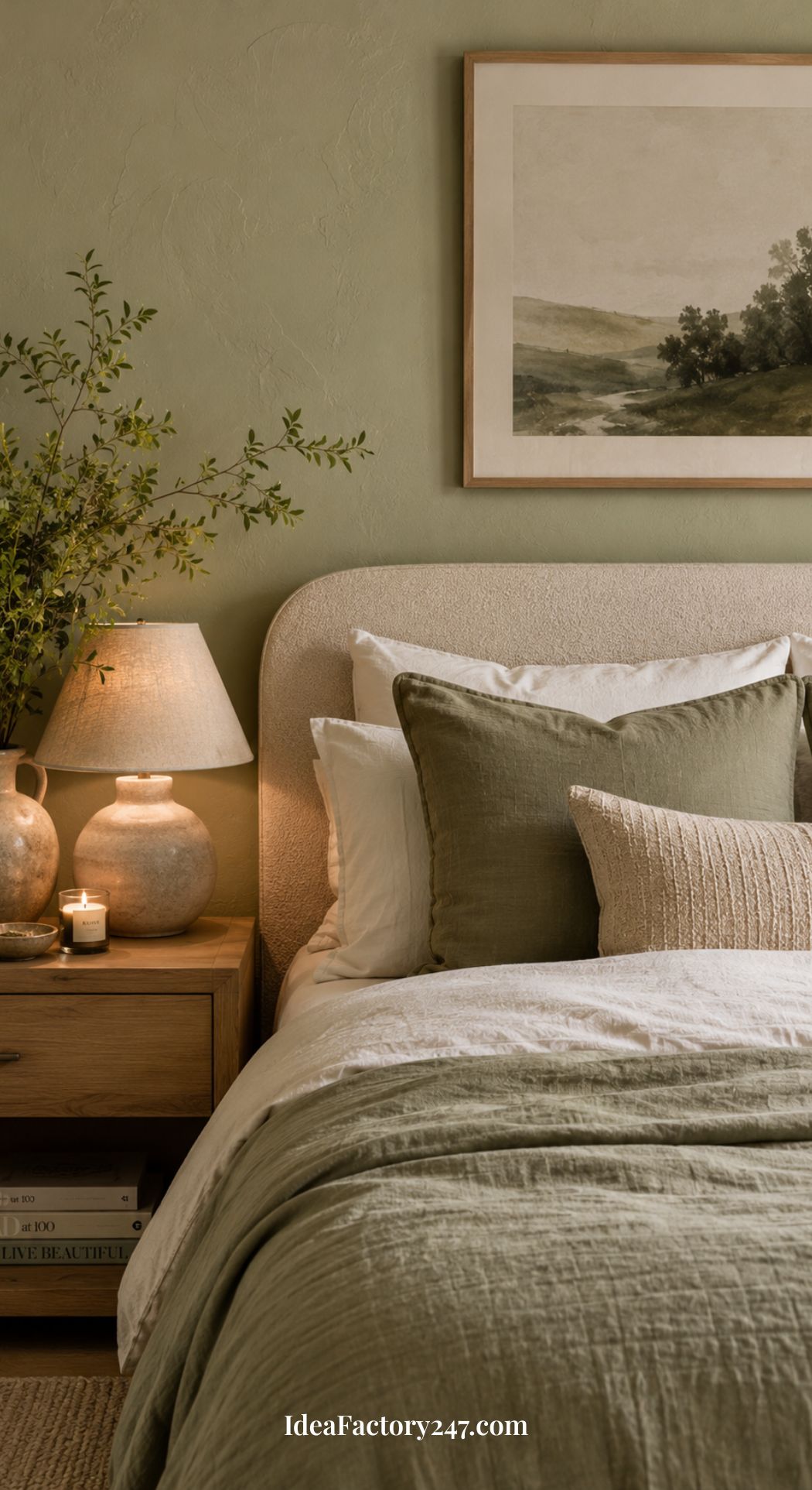 A cozy bedroom with green bedding, neutral pillows, a wooden nightstand topped with a lamp, candle, vase of greenery, and a landscape painting on a sage green wall—perfect inspiration for those seeking fresh green bedroom ideas.