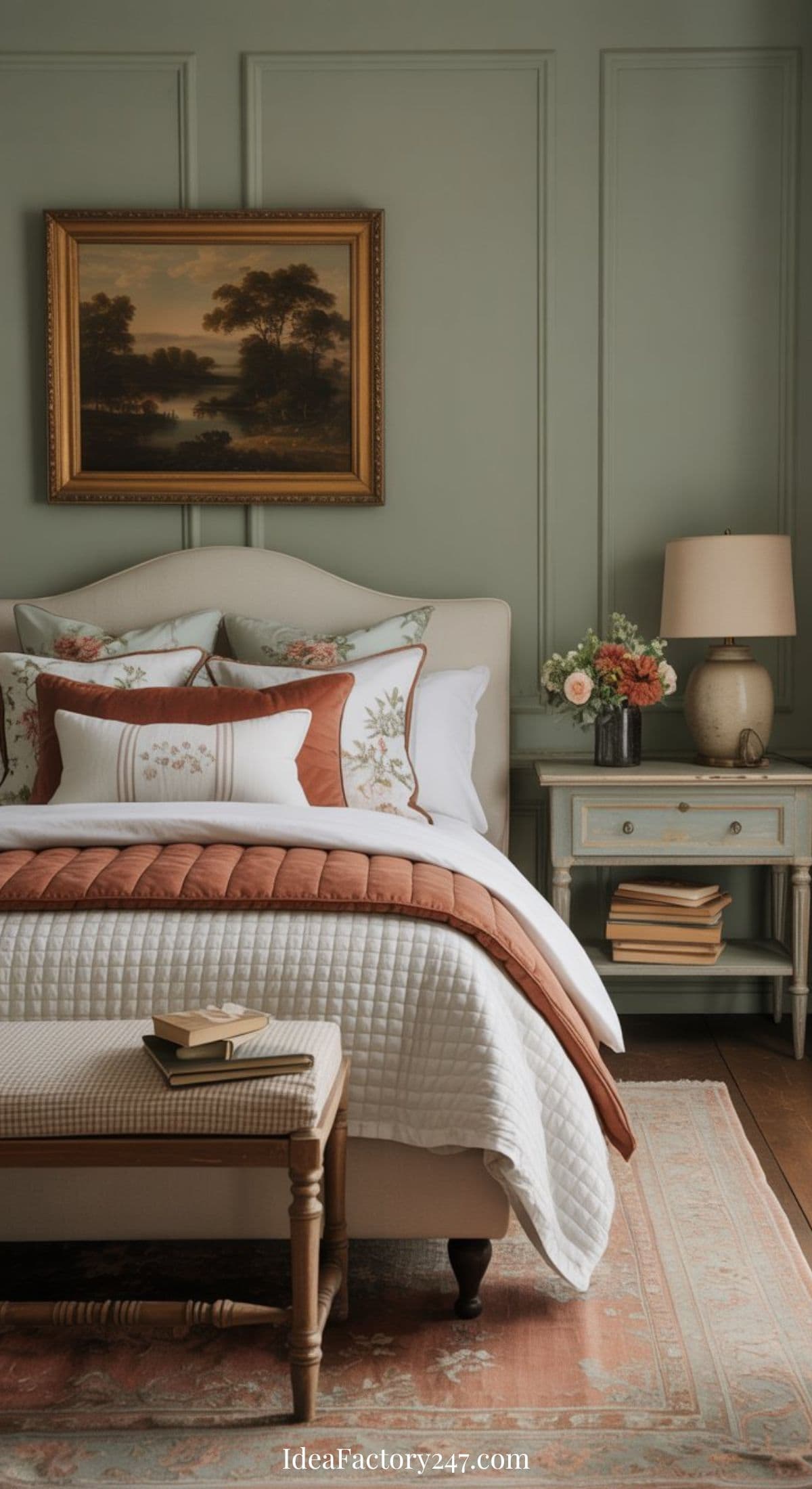 A cozy bedroom with a beige upholstered bed, white and rust bedding, floral pillows, a wooden bench, a nightstand with a lamp, books, and flowers, and a framed landscape painting on a green paneled wall.